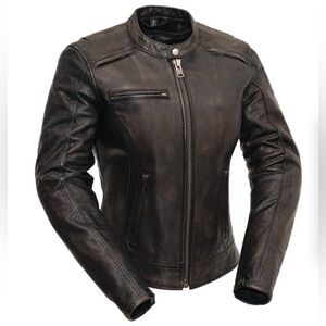NWOT First Mfg Co Trickster Distressed Black-Brown Moto Leather Jacket Sz Small